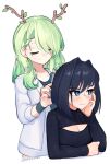  2girls annoyed antlers black_hair black_sweater blue_eyes blue_nails blush breasts brushing_another&#039;s_hair ceres_fauna cleavage cleavage_cutout closed_eyes clothing_cutout commentary english_commentary green_hair grey_jacket hair_behind_ear hair_intakes hand_on_own_face highres hololive hololive_english jacket large_breasts medium_hair mole mole_under_eye multiple_girls ouro_kronii short_hair smile sweater virtual_youtuber yoako 
