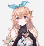  1girl :o black_gloves blonde_hair blush butterfly_hair_ornament elbow_gloves flower gloves green_ribbon grey_background hair_behind_ear hair_flower hair_ornament hair_ribbon halter_top halterneck head_tilt heart heart_hands highres long_hair nijisanji nijisanji_en open_mouth pointy_ears pomu_rainpuff ribbon solo soybean_(hisoybean) virtual_youtuber white_flower 