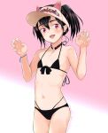  1girl animal_ears bikini black_bikini black_hair cat_ears clothes_writing cowboy_shot curled_fingers fang fingernails flat_chest front-tie_top gradient gradient_background hairband highres long_fingernails long_hair mayafufu original pink_background red_eyes solo standing swimsuit symbol-only_commentary twintails 