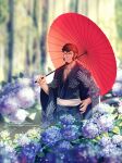  1boy absurdres alternate_costume alternate_hairstyle blue_eyes blue_kimono brown_hair facial_hair fate/grand_order fate_(series) flower forest goatee highres holding holding_umbrella hydrangea japanese_clothes kimono long_sideburns looking_at_viewer male_focus mature_male napoleon_bonaparte_(fate) nature open_clothes open_kimono pectoral_cleavage pectorals print_kimono purple_flower rainbow short_hair sideburns smile solo tree umbrella yaosan233 