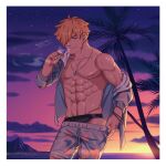  1boy abs absurdres bara bare_pectorals black_male_swimwear blue_male_swimwear cigarette fate/grand_order fate_(series) feet_out_of_frame hair_over_one_eye hawaiian_shirt highres looking_at_viewer male_focus male_swimwear navel nipples official_alternate_costume open_clothes open_shirt pectorals robin_hood_(fate) robin_hood_(summer_hunter)_(fate) seductive_smile shirt short_hair single_bare_shoulder smile smoking solo stomach sunset swim_briefs swim_trunks toned toned_male tree undressing yaosan233 