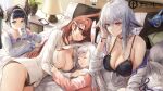  4girls ;) animal_ears antenna_hair azur_lane bangs bed black_bra black_choker black_hair black_panties bra breasts brown_eyes brown_hair chikuma_(azur_lane) choker cleavage closed_mouth commentary_request copyright_name cup eyebrows_visible_through_hair fox_ears fox_mask fox_tail green_eyes hair_between_eyes hair_ornament hair_scrunchie hairband hairclip highres hikimayu holding holding_cup indoors katsuragi_(azur_lane) kim_eb lantern large_breasts long_hair long_sleeves lying mask mask_removed multicolored_hair multiple_girls no_bra official_art on_bed on_side one_eye_closed open_clothes open_shirt panties parted_lips pillow plant potted_plant purple_eyes rabbit_ears scrunchie shimakaze_(azur_lane) shirt silver_hair sitting sleeping smile streaked_hair tail tosa_(azur_lane) twintails underwear very_long_hair white_hairband white_shirt 