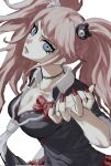  1girl bangs bear_hair_ornament black_bra black_choker black_necktie black_shirt blonde_hair blue_eyes bow bra breasts choker closed_mouth collarbone danganronpa:_trigger_happy_havoc danganronpa_(series) enoshima_junko fingernails grey_background grey_necktie hair_ornament hand_up harari highres large_breasts long_fingernails long_hair looking_at_viewer nail_polish necktie plaid plaid_skirt red_bow red_nails red_skirt shirt simple_background skirt solo twintails underwear 