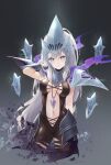  1girl :d arm_behind_head armor bangs blue_eyes breasts cape cleavage dota_(series) dota_2 floating floating_object floating_weapon gauntlets hair_between_eyes helmet highres jewelry jokanhiyou knife long_hair looking_at_viewer navel necklace open_mouth pauldrons purple_cape shoulder_armor silver_hair smile solo spectre_(dota) teeth torn_cape torn_clothes 