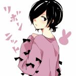 1girl animal_print bangs black_bow black_eyes black_hair bow bunny_print closed_mouth commentary_request from_side hair_over_one_eye kirishima_touka looking_at_viewer looking_to_the_side low_twintails pink_sweater short_hair short_twintails solo sweater tokyo_ghoul toukaairab translation_request twintails upper_body 