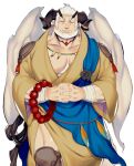  1boy angel_wings another_eidos-r bara bead_necklace beads brown_kimono curled_horns demon_horns feet_out_of_frame horns interlocked_fingers japanese_clothes jewelry jewelry_removed kijimahyogo kimono large_pectorals looking_at_viewer male_focus mature_male muscular muscular_male necklace necklace_removed official_art old old_man ornis_(another_eidos) own_hands_together pectoral_cleavage pectorals pointy_ears sash short_hair solo thick_eyebrows thighs tooth_necklace transparent_background white_hair white_wings wings wrinkled_skin 