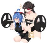  2girls ahoge barbell beidou_(genshin_impact) blue_hair blush brown_hair eyebrows_visible_through_hair eyepatch fingerless_gloves ganyu_(genshin_impact) genshin_impact gloves goat_horns hair_ornament hinagi_(fox_priest) horns leotard long_hair multiple_girls muscular muscular_female purple_eyes red_eyes short_hair sweat weightlifting weights 