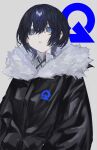  1girl black_hair black_jacket blue_eyes character_request collared_shirt copyright_request ear_piercing fur-trimmed_jacket fur_trim grey_background highres jacket long_sleeves looking_at_viewer parted_lips piercing shirt short_hair simple_background solo suimin_(sui_0y0) 