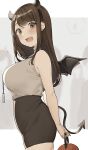  1girl :d armpit_crease beige_shirt black_hair black_skirt blurry blurry_background blush breasts cowboy_shot demon_horns demon_tail demon_wings earrings fake_horns fang flying_sweatdrops halloween high-waist_skirt highres holding holding_lantern horned_headwear horns id_card jack-o&#039;-lantern jewelry lantern large_breasts letterboxed looking_at_viewer miniskirt nail_polish office_lady ol_mahonanoka original outside_border pumpkin shirt skindentation skirt sleeveless sleeveless_shirt smile solo straight_hair tail wings 