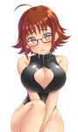  1girl ahoge aimobake bangs black_swimsuit blush brown_eyes cleavage_cutout clothing_cutout glasses hairband highres idolmaster idolmaster_cinderella_girls knee_up looking_at_viewer nishijima_kai one-piece_swimsuit parted_lips red-framed_eyewear red_hairband short_hair simple_background sitting solo swimsuit v_arms white_background 