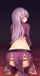  1girl all_fours ass back black_legwear commentary dark_background elf english_commentary facial_tattoo gradient gradient_background highres kaleina_(ricegnat) leaning_forward long_hair long_sleeves looking_at_viewer looking_back original parted_lips pointy_ears purple_hair ricegnat solo tattoo thighhighs 