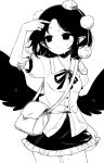 1girl arm_up bag bangs bird_wings black_eyes black_hair black_neckwear black_ribbon black_skirt black_wings closed_mouth collared_shirt cowboy_shot dress_shirt eyebrows_visible_through_hair frilled_skirt frills greyscale hat holding holding_clothes looking_to_the_side maguro_(mawaru_sushi) miniskirt monochrome neck_ribbon parted_bangs pointy_ears pom_pom_(clothes) puffy_short_sleeves puffy_sleeves ribbon shameimaru_aya shirt short_hair short_sleeves shoulder_bag simple_background skirt skirt_hold solo standing tokin_hat touhou white_background wings 