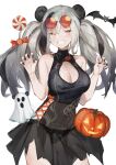  1girl alternate_costume animal_ears arknights bare_shoulders candy claw_pose cleavage_cutout clothing_cutout english_commentary eyewear_on_head fang feater_(arknights) food halloween highres lollipop long_hair miniskirt nail_polish nashidrop open_mouth panda_ears panda_girl red_eyes silver_hair skin_fang skirt solo turtleneck twintails 