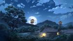  boulder camping chinese_commentary cloud commentary_request fence forest full_moon hay_bale highres hill landscape light moon moonlight nature night night_sky no_humans original scenery sky torch tree watchtower xingzhi_lv 