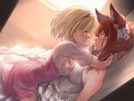  2girls animal_ears anthuria arms_around_neck bangs blonde_hair blush breast_press breasts closed_mouth commentary_request djeeta_(granblue_fantasy) dress erune eye_contact fighter_(granblue_fantasy) granblue_fantasy hairband highres long_hair looking_at_another medium_breasts multiple_girls pink_dress ponytail red_eyes red_hair sassakntm short_hair short_sleeves sitting sitting_on_person smile strapless strapless_dress symmetrical_docking white_dress yuri 