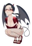  1girl artist_name black_hair breasts carlo_montie cleavage closed_mouth collarbone demi-chan_wa_kataritai demon_girl demon_horns demon_tail fishnet_legwear fishnets full_body gloves high_heels highres horns large_breasts lips long_hair looking_at_viewer pantyhose purple_eyes red-framed_eyewear red_footwear satou_sakie semi-rimless_eyewear shrug_(clothing) simple_background solo squatting tail under-rim_eyewear white_background 