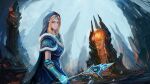  1girl blonde_hair blue_cape blue_eyes blue_sky cape closed_mouth commentary_request crystal_maiden dota_(series) dota_2 facial_mark forehead forehead_mark fur_collar gauntlets highres holding holding_staff lips long_hair looking_at_viewer outdoors sinkme sky smile solo staff 