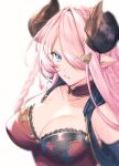  1girl blue_eyes breasts cleavage collar commentary_request draph dress elbow_gloves eyes_visible_through_hair gloves granblue_fantasy hair_ornament hair_over_one_eye hairpin horns large_breasts looking_at_viewer matsuki_tou narmaya_(granblue_fantasy) one_eye_covered parted_lips pink_hair pointy_ears solo upper_body 