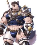  1boy abs animal_ears another_eidos-r armor ass_visible_through_thighs asymmetrical_shorts asymmetrical_sleeves bara bare_shoulders beckoning billford_(another_eidos) bulge chest_belt come_hither covered_abs cross_scar dog_boy dog_ears dog_tail facial_hair feet_out_of_frame ganmakaosu goatee large_pectorals looking_at_viewer male_focus mature_male midriff muscular muscular_male navel navel_hair official_art parted_lips pauldrons pectorals scar scar_on_face scar_on_forehead scar_on_leg short_hair shorts shoulder_armor single_bare_shoulder single_pauldron smile solo stomach sword sword_behind_back tail thick_thighs thighs transparent_background weapon white_shorts 