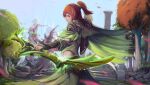 1girl arrow_(projectile) bangs blue_sky bow_(weapon) cape dota_(series) dota_2 gauntlets green_cape green_pants green_shirt grin highres holding holding_bow_(weapon) holding_weapon long_hair looking_at_viewer looking_to_the_side open_mouth orange_eyes orange_hair outdoors pants petals ponytail quiver shirt short_sleeves sinkme sky smile solo stairs tree weapon windranger_(dota) 