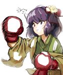  1girl boxing boxing_gloves flower gloves green_kimono hair_flower hair_ornament hieda_no_akyuu japanese_clothes kimono purple_eyes purple_hair short_hair simple_background touhou uisu_(noguchipint) upper_body white_background wide_sleeves yellow_sleeves 