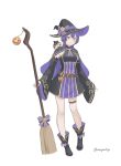  1girl bare_legs bernadetta_von_varley boots broom cape detached_sleeves fire_emblem fire_emblem:_three_houses grey_eyes halloween_costume hat highres long_sleeves moja_(moquackja) purple_hair short_hair smile solo white_background wide_sleeves witch witch_hat 