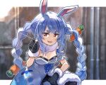  1girl animal_ear_fluff animal_ears black_gloves black_legwear black_leotard blue_hair braid bunny-shaped_pupils carrot carrot_hair_ornament coat coin commentary_request detached_sleeves don-chan_(usada_pekora) food-themed_hair_ornament fur-trimmed_coat fur-trimmed_gloves fur_scarf fur_trim gloves hair_ornament highres holding holding_coin hololive leotard leotard_under_clothes long_hair looking_at_viewer multicolored_hair puffy_short_sleeves puffy_sleeves rabbit_ears rabbit_girl sakino_shingetsu shine short_eyebrows short_sleeves solo strapless strapless_coat strapless_leotard symbol-shaped_pupils thick_eyebrows twin_braids twintails two-tone_hair usada_pekora virtual_youtuber white_coat white_hair 