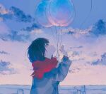  1girl balloon bangs black_hair cloud coat commentary_request highres holding holding_balloon looking_up original red_scarf scarf sky solo tears warabimoti_yoz 