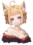 1girl animal_ear_fluff animal_ears bare_shoulders bell blonde_hair blue_eyes blue_kimono breasts cleavage cropped_torso eyebrows grin hair_bell hair_ornament hairclip highres hikimayu japanese_clothes jingle_bell kimono looking_at_viewer nyucha off-shoulder_kimono original short_hair smile solo tassel thick_eyebrows 