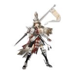  1girl :d animal_ears arknights full_body grey_hair highres holding holding_polearm holding_weapon knee_guards lance long_hair looking_at_viewer norizc official_art polearm pouch red_eyes red_tunic shield smile solo standing transparent_background tunic vambraces weapon wild_mane_(arknights) 