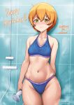  1girl arm_at_side arm_behind_back artist_name bangs bare_arms bare_shoulders blush breasts closed_mouth collarbone colorized commentary_request cowboy_shot english_commentary groin hair_between_eyes halter_top halterneck highres holding holding_shower_head hoshizora_rin indoors looking_at_viewer love_live! love_live!_school_idol_project mixed-language_commentary navel nose_blush orange_hair panties satansoft1 shadow shiny shiny_skin short_hair shower_(place) shower_head signature skindentation small_breasts smile solo sports_bra standing steam stomach thigh_gap tile_wall tiles underwear underwear_only unsfrau water_drop wet wet_clothes wide_hips yellow_eyes 