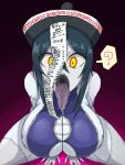  1girl ? absurdres arm_support bangs bare_shoulders black_hair breasts cleavage commentary_request eyebrows_visible_through_hair fingernails from_above gold_trim gradient gradient_background hair_between_eyes hat highres itsme_milk jiangshi large_breasts long_hair long_tongue looking_at_viewer open_mouth oral_invitation patchwork_skin purple_background qing_guanmao receipt saliva saliva_trail sharp_teeth simple_background solo spoken_question_mark stitches teeth tongue uvula yellow_eyes 