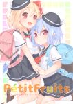  2girls :d alternate_costume alternate_footwear alternate_headwear backpack bag bangs black_headwear black_sailor_collar black_skirt blonde_hair blue_bag blue_hair blush border bow brown_footwear child closed_mouth collarbone contemporary copyright_name cover cover_page crime_prevention_buzzer crystal doujin_cover doujinshi english_text eyebrows_visible_through_hair eyes_visible_through_hair fang feet_out_of_frame flandre_scarlet floating_hair folded_leg foot_out_of_frame from_side gradient hair_between_eyes hair_bow hand_up hat hat_ribbon highres holding_hands interlocked_fingers jumping legs_up light_blue_hair loafers looking_at_viewer looking_to_the_side low_wings mini_hat miniskirt multiple_girls neckerchief open_mouth outline outside_border pale_color pink_bag pink_eyes pleated_skirt pointy_ears randoseru red_bow red_eyes red_neckerchief remilia_scarlet ribbon rounded_corners sailor_collar sakurea school_uniform serafuku shirt shirt_tucked_in shoes short_hair short_sleeves siblings sisters skin_fang skirt smile socks tareme tilted_headwear touhou white_legwear white_outline white_ribbon white_shirt wings 