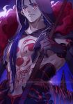  1boy bare_pectorals black_gloves blue_background blue_hair chest_tattoo closed_mouth cu_chulainn_(fate) cu_chulainn_alter_(fate/grand_order) earrings elbow_gloves expressionless facial_mark fate/grand_order fate_(series) gae_bolg_(fate) gloves hair_over_shoulder hair_strand highres hood jewelry kuzen long_hair looking_at_viewer male_focus mitsudomoe_(shape) monster_boy pectorals ponytail red_eyes solo spiked_tail tail tattoo tomoe_(symbol) upper_body 
