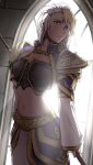  1girl armor blonde_hair blue_eyes breasts cleavage frown gold_trim jaina_proudmoore laofuzi_dai_bansho long_sleeves looking_to_the_side midriff multicolored_hair navel shoulder_armor silver_hair solo two-tone_hair warcraft world_of_warcraft 