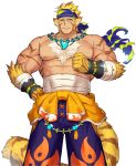  1boy abs animal_ears another_eidos-r areolae baggy_pants bandaged_arm bandages bara body_fur chest_hair covered_abs facial_hair feet_out_of_frame flame_print headband large_pectorals large_tail long_sideburns looking_at_viewer magatama magatama_necklace male_focus mature_male midriff_sarashi muscular muscular_male official_art pants pectorals pugi_(another_eidos) sarashi short_hair sideburns solo stubble tail tiger_boy tiger_ears tiger_stripes tiger_tail topless_male transparent_background waku_(ayamix) yellow_fur 