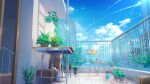  bag bird blue_sky bottle box building chair chinese_commentary city cityscape cloud commentary_request fence floor flower flower_pot flying forest highres ladder mountain nature no_humans original patio plant scenery shadow sky spray_bottle sunlight table water_bottle xingzhi_lv 