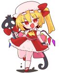  1girl ascot blonde_hair bow crystal fang flandre_scarlet frilled_shirt_collar frills full_body hat hat_ribbon highres laevatein_(touhou) medium_hair mob_cap one_side_up op_na_yarou open_mouth pink_sash puffy_short_sleeves puffy_sleeves red_bow red_eyes red_ribbon red_skirt red_vest ribbon sash shirt short_sleeves simple_background skirt solo touhou touhou_gouyoku_ibun vest white_background white_shirt wings yellow_neckwear 