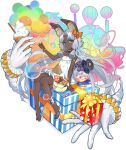  1girl amusement_park animal_ear_fluff animal_ears ankle_ribbon ark_order bag balloon bow bracelet candy character_doll chocolate choker cup dark-skinned_female dark_skin disembodied_limb dress ear_piercing ferris_wheel food fox_ears full_body gift gloves grey_hair hair_bow hair_intakes holding holding_balloon ice_cream imhotep_(ark_order) jewelry lollipop long_hair looking_at_viewer official_art orange_bow piercing pppppan rainbow ribbon sandals sidelocks silver_hair solo spaghetti_strap tachi-e teacup transparent_background very_long_hair white_choker white_dress white_footwear white_gloves white_ribbon 