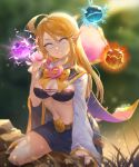  1girl :d bangs belt belt_buckle black_skirt blonde_hair bow bowtie breasts buckle cleavage dota_(series) dota_2 electricity fire genderswap genderswap_(mtf) grass grin highres ice invoker_(dota) jokanhiyou long_hair long_sleeves looking_at_viewer magic navel outdoors pointy_ears signature skirt smile teeth white_eyes white_sleeves yellow_bow yellow_bowtie 