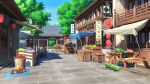  absurdres apple bag basket blue_sky carpet chair chinese_commentary chinese_text commentary_request entrance food fruit highres house lantern lemon market no_humans original path radish rice rooftop scenery sign sky summer table tomato tree wagon watermelon xingzhi_lv 