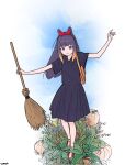  1girl artist_name bag balancing black_dress blue_eyes blue_sky bow broom brown_bag cosplay dress eyebrows_visible_through_hair flower garden grass hair_bow highres holding holding_broom hololive hololive_english kiki kiki_(cosplay) long_hair looking_down majo_no_takkyuubin ninomae_ina&#039;nis open_mouth orange_hair outstretched_arms plant pumpkin purple_hair red_bow red_footwear short_sleeves shoulder_bag sky solo swoog tentacle_hair virtual_youtuber weeds wide_sleeves 