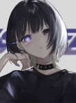  1girl black_choker black_eyes black_hair black_shirt blurry blurry_background character_request choker commentary copyright_request glowing glowing_eye hand_up highres looking_at_viewer parted_lips shirt solo studded_choker suimin_(sui_0y0) symbol_in_eye upper_body 