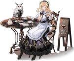  1girl :d ahoge apron ark_order artist_request back_bow bangs bare_shoulders bird black_apron black_dress black_footwear black_legwear black_neckwear blonde_hair book bow braid braided_ponytail breasts cake chair coffee_cup collared_dress cup detached_sleeves disposable_cup dress faux_figurine food fork frilled_apron frilled_dress frills full_body gefjun_(ark_order) grey_eyes high_heels holding holding_cup hourglass large_breasts long_hair long_sleeves looking_at_viewer maid maid_headdress menu_board mole mole_on_breast neck_ribbon official_art open_book owl pantyhose plate reservation_plate ribbon see-through_dress shadow shoes sideboob sleeve_cuffs smile solo table transparent_background very_long_hair waist_apron white_apron white_bow 