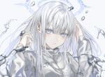  1girl character_request closed_mouth commentary_request copyright_request expressionless grey_background halo hands_up highres jacket long_hair long_sleeves looking_at_viewer solo suimin_(sui_0y0) upper_body water_drop white_eyes white_hair white_jacket 