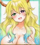  1girl :d airi_(akamichiaika) aqua_hair bare_shoulders blonde_hair breast_grab breasts collarbone dragon_girl dragon_horns eyebrows_visible_through_hair grabbing green_eyes hair_between_eyes heterochromia highres horns huge_breasts kobayashi-san_chi_no_maidragon looking_at_viewer lucoa_(maidragon) marker_(medium) multicolored_hair open_mouth slit_pupils smile solo streaked_hair traditional_media two-tone_hair upper_body 