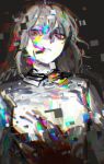  1girl black_ribbon buttoniris commentary english_commentary glitch grey_hair looking_at_viewer neck_ribbon original parted_lips pink_eyes ribbon shirt solo two_(buttoniris) upper_body white_shirt 