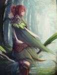  1girl armor arrow_(projectile) back bangs bow_(weapon) cape closed_mouth dota_(series) dota_2 green_cape highres holding holding_bow_(weapon) holding_weapon lips long_hair looking_at_viewer looking_back looking_to_the_side orange_eyes orange_hair outdoors pauldrons ponytail quiver shoulder_armor single_pauldron sinkme sketch solo tree weapon windranger_(dota) 