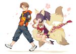  1boy 1girl :d animal_ears bell black_hair bright_pupils brown_eyes brown_hair closed_eyes closed_mouth floating fox_ears fox_tail from_side geta grey_pants hands_in_pockets highres hood hood_down hoodie inu_no_sakuya jingle_bell kotatsu_(g-rough) long_sleeves looking_at_viewer looking_to_the_side multiple_tails orange_hoodie outstretched_arms pants ponytail puffy_shorts rope sandals shimenawa shoes shorts smile spread_arms tail tengu-geta white_footwear white_pupils wide_sleeves 