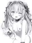  1girl :d animal_ears bear_ears blush bow bow_choker breasts choker completely_nude fang greyscale hair_bow hair_ornament highres himekuma_ribon leaning_forward long_hair looking_at_viewer monochrome nanashi_(nlo) navel nipples nude re:act skin_fang small_breasts smile solo virtual_youtuber x_hair_ornament 